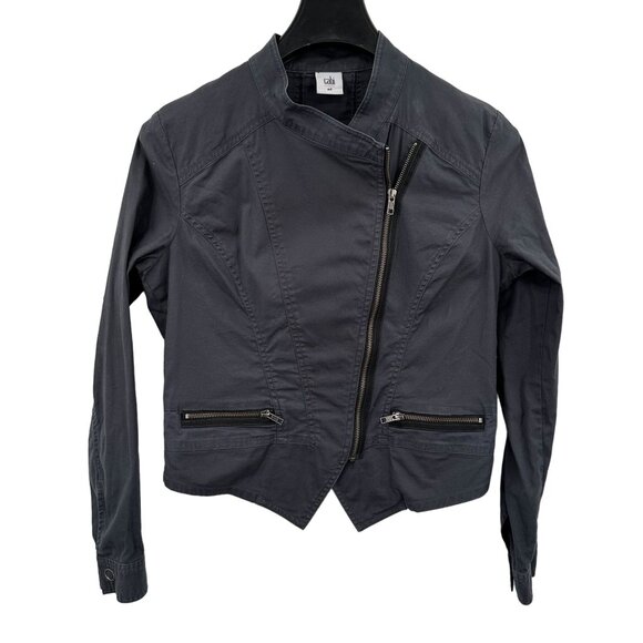 CAbi Women's Moto Jacket M Gray Asymmetrical Zip Cotton Blend Crop - Picture 2 of 6